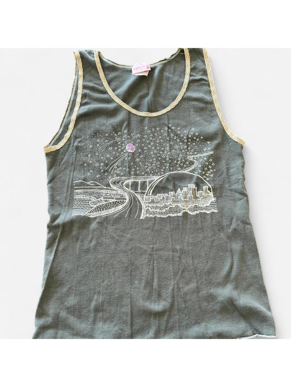 Sparkle Lace Trim Celestial Graphic Cami Tank Top, Size Large, 14” ptp